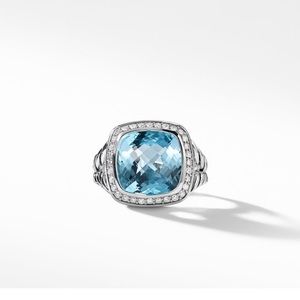 David Yurman Albion Ring with Blue Topaz and Diamonds - 11mm. Size 6